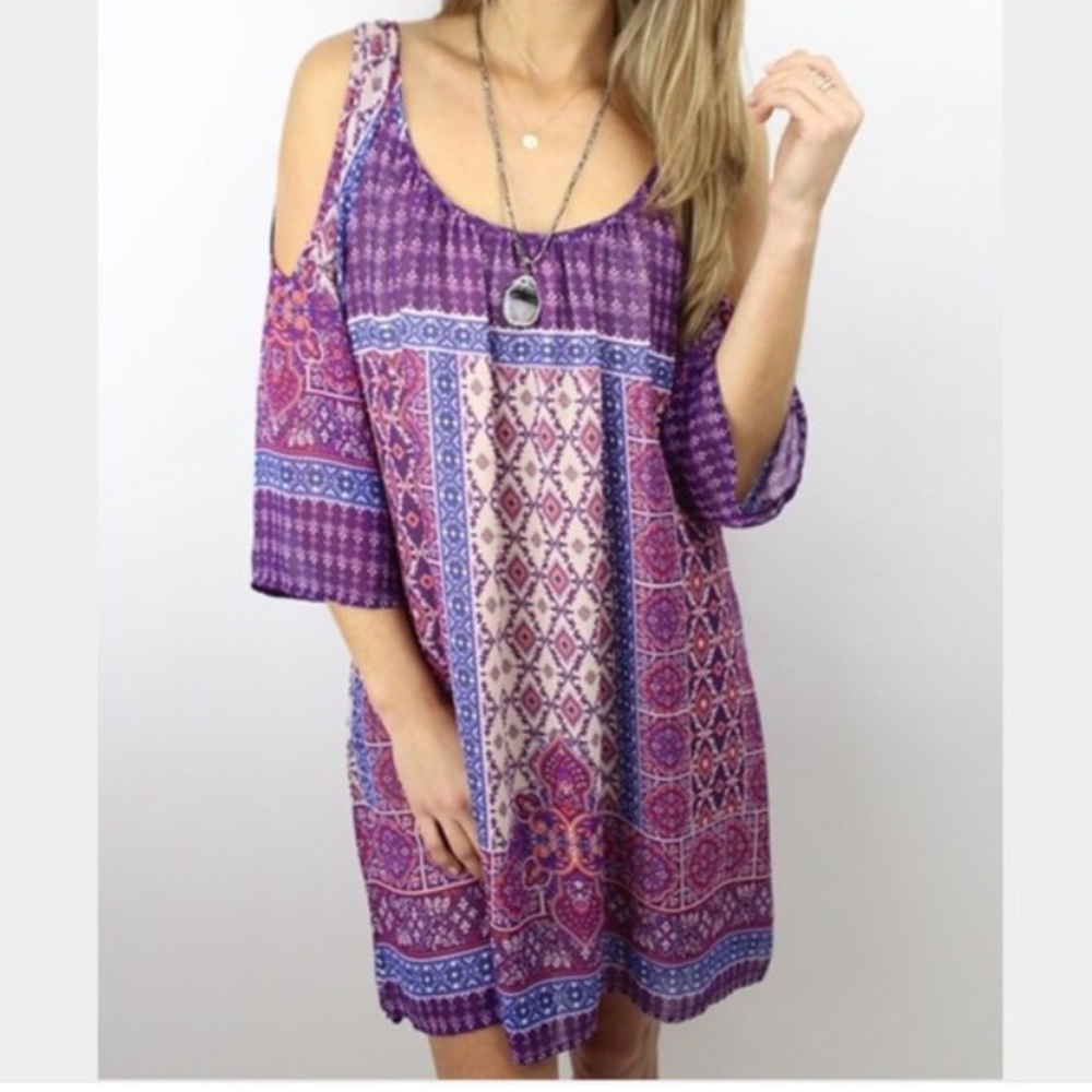 Purple cold shoulder dress
